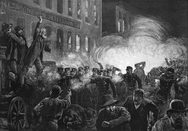 Harper's&nbsp;1886 illustration of the Haymarket Riot, Wikimedia Commons.&nbsp;
