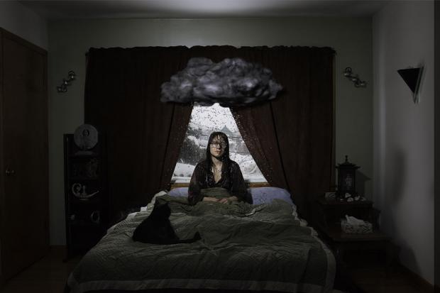 Woman waking up on the wrong side of the bed under a cloud, by Fredrick Mount.
