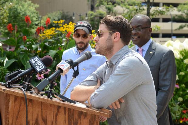 Seen left to right at the August 6 press conference at Niagara Square: director of photography Matt Quinn, co-screenplay writer/actor/director Jon Abrahams and Mayor Byron Brown. Photo: Nancy J. Parisi
