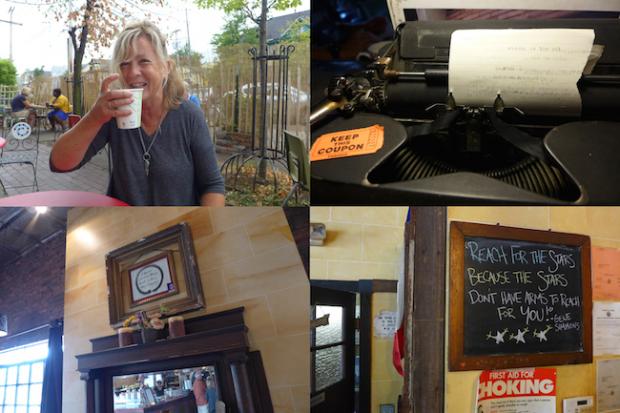 Images counter-clockwise from top left: Prish Moran, on the patio of Sweet_Ness 7 Cafe on Grant Street; the awaiting typewriter on the communal table; an uplifting quote not really by Gene Simmons of KISS; and the mantle near the doorway, including a small photo of Prish's son Stefano. Photos: Nancy J. Parisi
