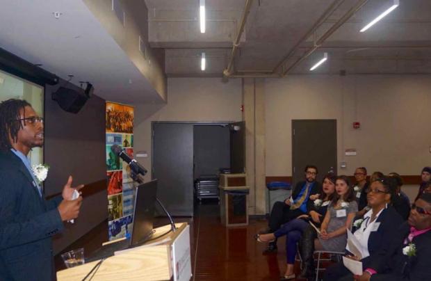 Sherman Webb addresses fellow graduates of the Open Buffalo Emerging Leaders program. Photo courtesy of Open Buffalo.
