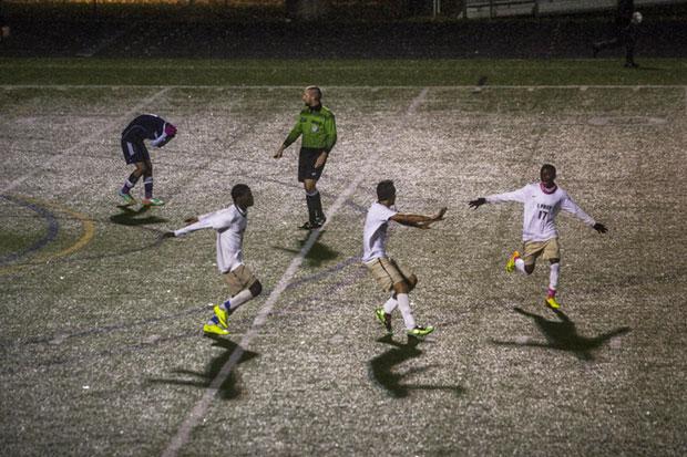 Abdullahi Hussein, left, Ahmed Hassoon, center and&nbsp;Abdikarim Sabtow right of Buffalo's&nbsp;International Prep soccer team.&nbsp;Photo by Brendan Bannon
