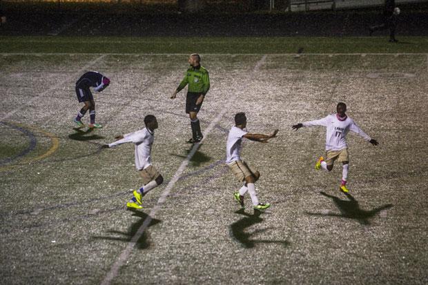 Abdullahi Hussein, left, Ahmed Hassoon, center and&nbsp;Abdikarim Sabtow right of Buffalo's&nbsp;International Prep soccer team.&nbsp;Photo by Brendan Bannon
