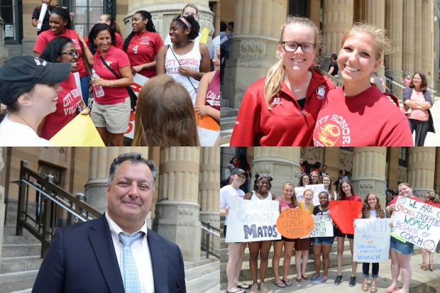 Images, top left, counterclockwise: Coach Deborah Matos on the steps of City Hall; assistant coaches Annie Doyle and Emily Zuchlewski; some Matos supporters; and State Senator Marc Panepinto.
