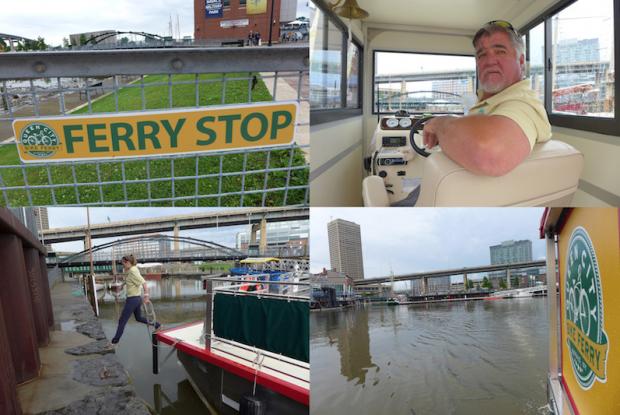 Photos counterclockwise from top left: Ferry stop sign at Canalside; Queen City Bike Ferry Captain Greg Doxtater; the view from mid-ferry; first mate Leah Voit tying off. Photos: Nancy J. Parisi
&nbsp;
