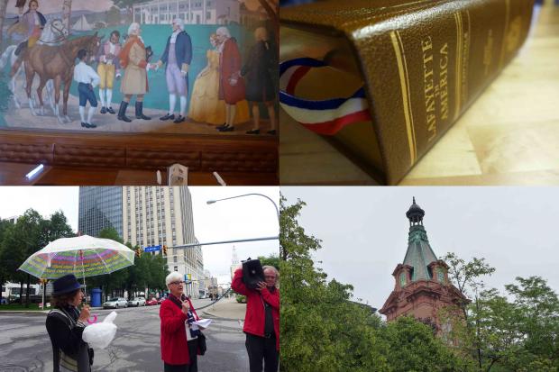 Images, from top left and counter-clockwise: Lafayette mural at Pan-American Grill; Gottschalk's historical tome Lafayette in America; Lafayette High School on Lafayette Avenue; Judi Lopez del Moral on tour stop at Lafayette Square.
