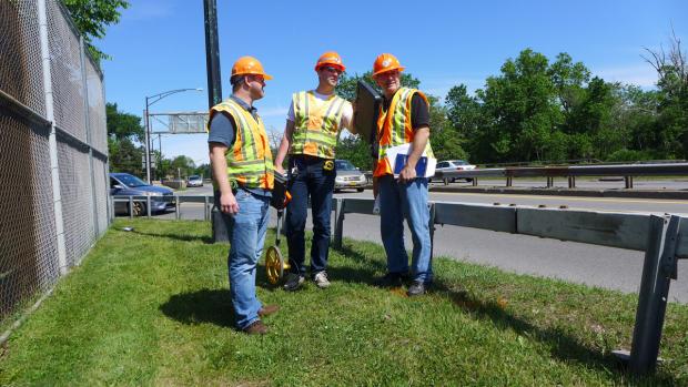 Local Department of Transporation employees (l. to r.) John Wentz, Brian Dankert, and Norman Scherer record data along Route 198 in Buffalo on Tuesday, June 2. Photo: Nancy J. Parisi
