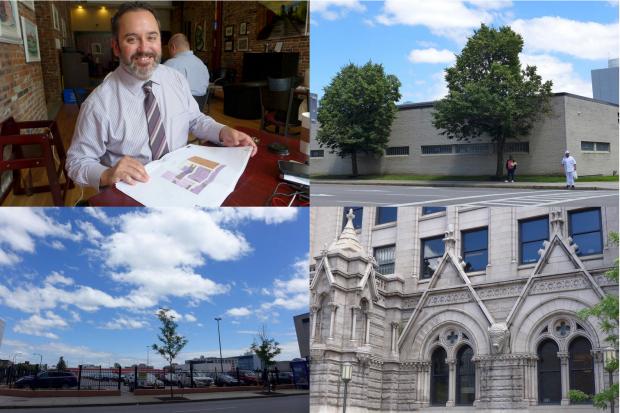 Clockwise from top left: Mike Pietkiewicz, with plans, at Perk's; the exterior of ECC's 45 Oak Street building; a detail of the Old Post Office; and the asphalt/proposed development at 201 Ellicott Street. Photos: Nancy J. Parisi
