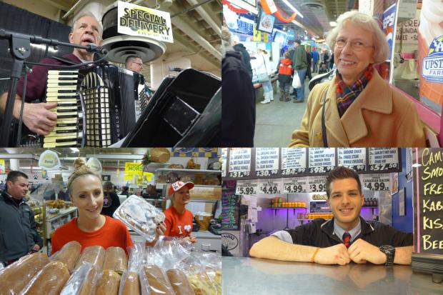 Clockwise from top left: accordionist Ted Szymanski, mid-polka; shopper Barbara Wier, waiting to hear "80!"; Ania Gurnari, owner of Chrusciki Bakery; and Adam Cichocki of Camellia Products. Photo by Nancy J. Parisi.
