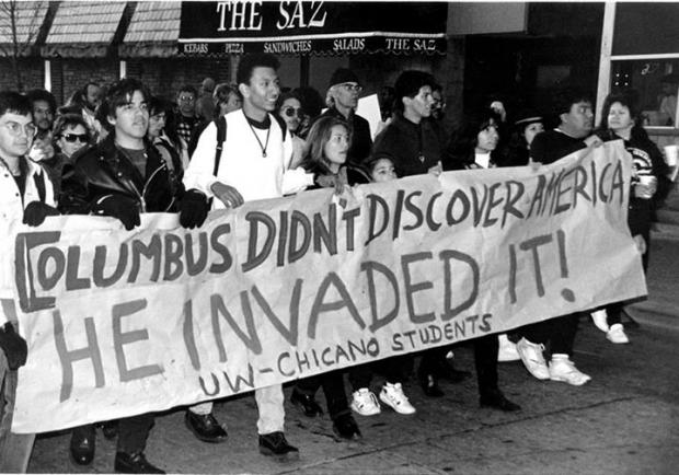 Native American and Chicano students protest the 500th anniversary of Columbus landing in the Americas, 10/12/1992 at University of Wisconsin, Madison.
