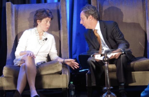 Merryl Tisch and Phil Weinberg prepare for a panel on state testing at the New York State School Boards Association conference. Photo by Monica Disare, Chalkbeat NY.
