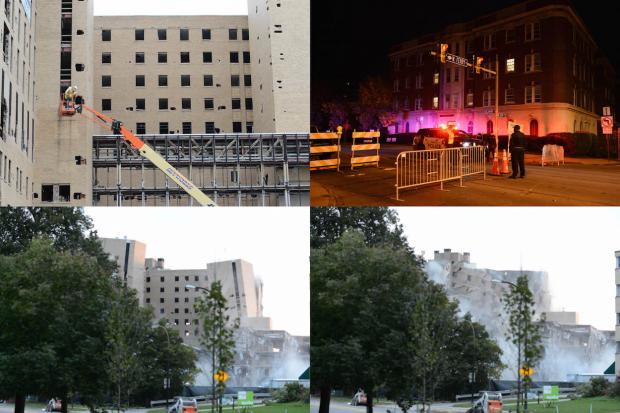 Images clockwise from top left: pre-implosion crews check the building on Friday, October 2; Police secure the perimeter around the former Millard Fillmore Hospital beginning at 3:00 a.m. on October 3; the first explosion; the building buckles after a series of controlled blasts and a cloud of debris then rises. Photos: Nancy J. Parisi
&nbsp;
