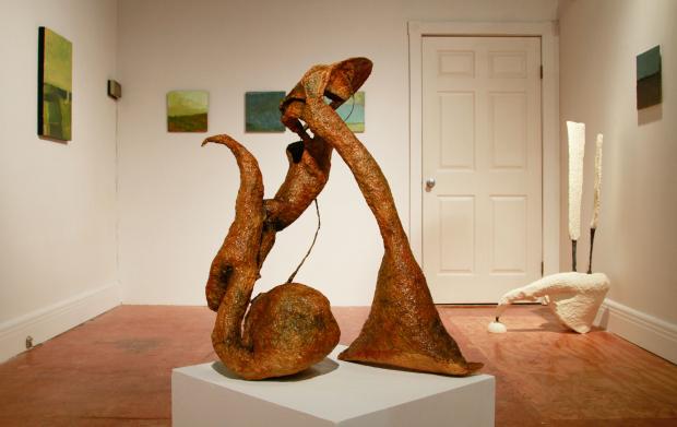 Sculpture by Karen A. Buchner, paintings by Bruce Philip Bitmead at the diminutive Box Gallery on Main Street.
