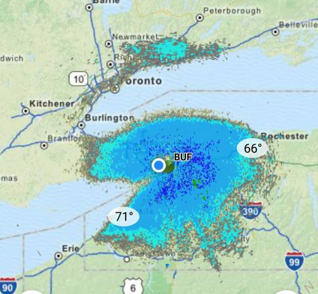 Radar Image from early evening on September 25 captures massive bird migratory movement.
