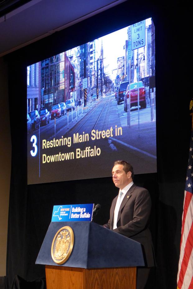 NYS Governor Andrew Cuomo speaks to a capacity crowd at Buffalo Museum of Science on April 6, 2016 about several infrastructure improvements for the City of Buffalo.

Photo: Nancy J. Parisi
