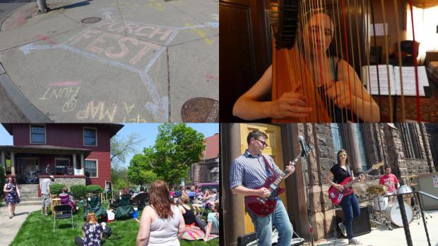 Clockwise from top left: Handy chalk directions on Elmwood Avenue; harpist Kela Walton performing inside Inn Buffalo; Science Lion on the steps of Lafayette Avenue Presbyterian Church; and Tilapia at 568 Lafayette. Photos: Nancy J. Parisi
