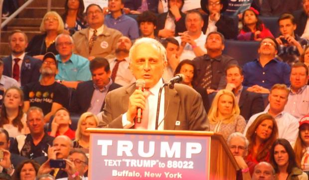 Carl Paladino speaks at the April 18 rally for Donald Trump at Buffalo's downtown hockey arena.
