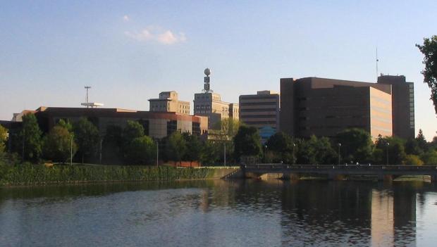 Skyline of Flint, Michigan with the Flint River in the foreground. Photo by Connor Coyne.&nbsp;
