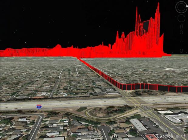 This data visualization shows the methane plume from the Aliso Canyon gas leak (in red) extending well beyond Porter Ranch on the right to neighboring Northridge on the left. The readings for this visualization were taken on Jan. 12, 2016. Courtesy of Inside Climate News,&nbsp;Home Energy Efficiency Team, and Google Earth.
