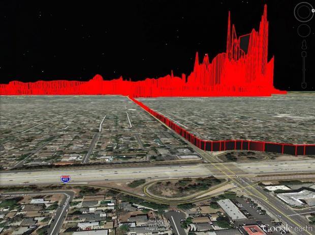 This data visualization shows the methane plume from the Aliso Canyon gas leak (in red) extending well beyond Porter Ranch on the right to neighboring Northridge on the left. The readings for this visualization were taken on Jan. 12, 2016. Courtesy of Inside Climate News,&nbsp;Home Energy Efficiency Team, and Google Earth.
