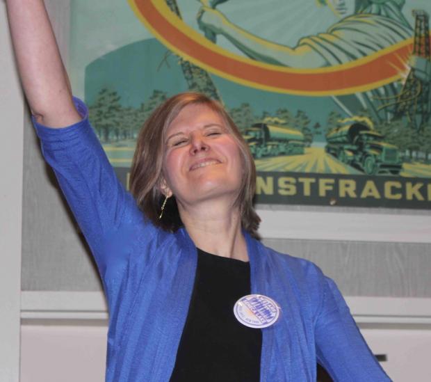 Sandra Steingraber celebrates anti-fracking victory. Photo by Jburney
