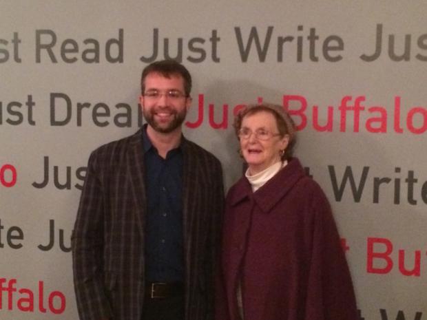 Just Buffalo members contest judge Brian Castner with Veronica Hogle, winner of the 2016 Judge's Prize.
