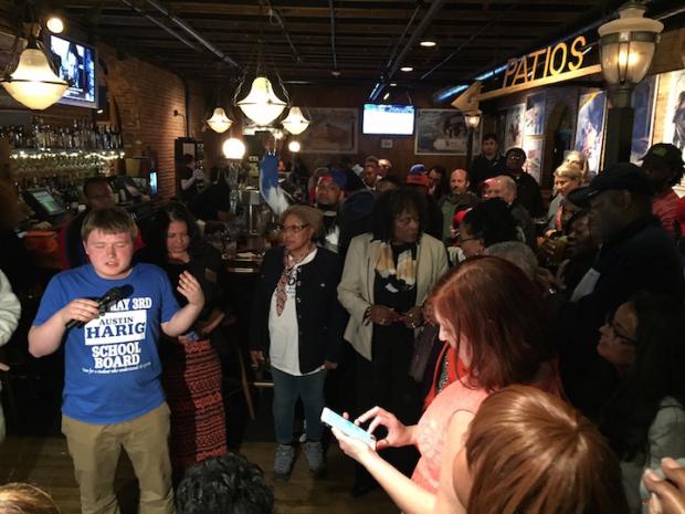 Austin Harig speaks to supporters at Pearl Street Grill on election night. The Hutch Tech senior came close to unseating incumbent Carl Paladino on Buffalo's school board. All of Paladino's allied candidates&nbsp;on the board lost their races.
