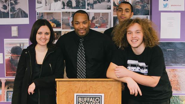 Left to right: designer Christina Laing, musician Da'Von McCune, and student video editors Trayvon Frisby and Bhakti Williams Brown. Photo by&nbsp;Christina Laing
