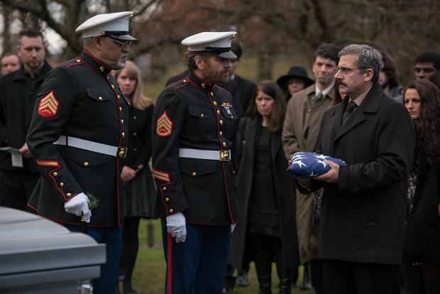 Laurence Fishburne, Bryan Cranston and Steve Carell in Last Flag Flying.
