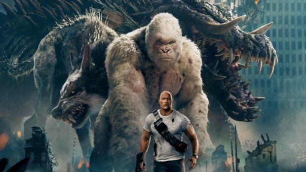 Dwayne Johnson and his Rampage co-stars.
