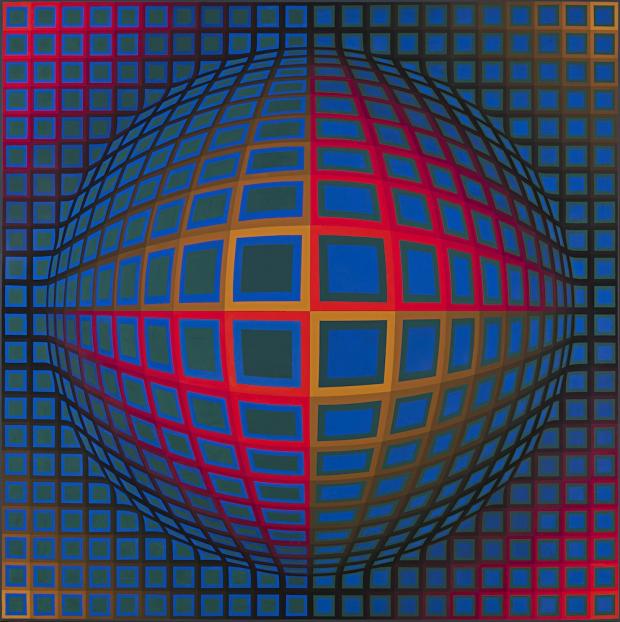 Victor Vasarely (French, born Hungary, 1906-1997). Vega-Nor, 1969. Oil on canvas, support: 78 3/4 x 78 3/4 inches (200.03 x 200.03 cm); framed: 80 x 80 1/2 x 3 inches (203.2 x 204.47 x 7.62 cm). Collection Albright-Knox Art Gallery, Buffalo, New York; Gift of Seymour H. Knox, Jr., 1969 (K1969:29). © Fondation Vasarely / Artists Rights Society (ARS), New York / ADAGP, Paris.
Victor Vasarely (French, born Hungary, 1906-1997). Vega-Nor, 1969. Oil on canvas, support: 78 3/4 x 78 3/4 inches (200.03 x 200.03 cm); framed: 80 x 80 1/2 x 3 inches (203.2 x 204.47 x 7.62 cm). Collection Albright-Knox Art Gallery, Buffalo, New York; Gift of Seymour H. Knox, Jr., 1969 (K1969:29). © Fondation Vasarely / Artists Rights Society (ARS), New York / ADAGP, Paris.