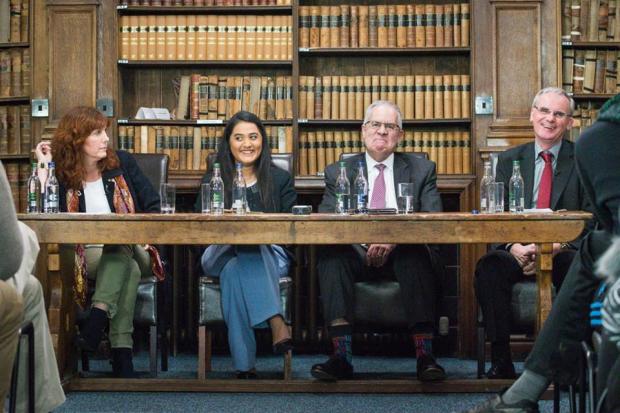 The panelists at a February 27 panel discusion about whistleblowing hosted by the Oxford Union. Left to right: internet and human rights activist Heather Marsh; moderator Laali Vadlamani; former US intelligence operative and administrator David Shedd, at whose behest the Oxford Union has refused to publish video of the conversation; and the third panelist, Ewan MacAskill of the Guardian newspaper. Photo courtesy of the Oxford Union.
The panelists at a February 27 panel discusion about whistleblowing hosted by the Oxford Union. Left to right: internet and human rights activist Heather Marsh; moderator Laali Vadlamani; former US intelligence operative and administrator David Shedd, at whose behest the Oxford Union has refused to publish video of the conversation; and the third panelist, Ewan MacAskill of the Guardian newspaper. Photo courtesy of the Oxford Union.
