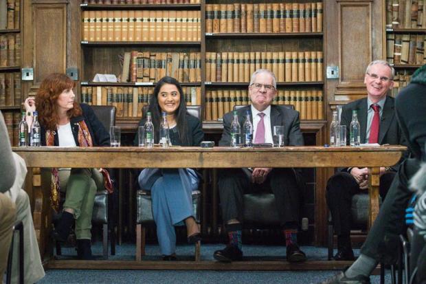 The panelists at a February 27 panel discusion about whistleblowing hosted by the Oxford Union. Left to right: internet and human rights activist Heather Marsh; moderator Laali Vadlamani;&nbsp;former US intelligence operative and administrator&nbsp;David Shedd, at whose behest the Oxford Union has refused to publish video of the conversation; and the third panelist, Ewan MacAskill of the Guardian newspaper. Photo courtesy of the Oxford Union.
