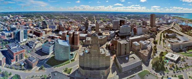 Aerial photo of the city of Buffalo skyline, fall of 2015. Image via Creative Commons.&nbsp;
