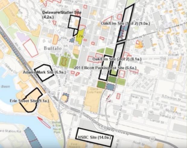 Some proposed sites for a new or expanded convention center in donwtown Buffalo, as presented in a new feasability study commissioned by Erie County.
