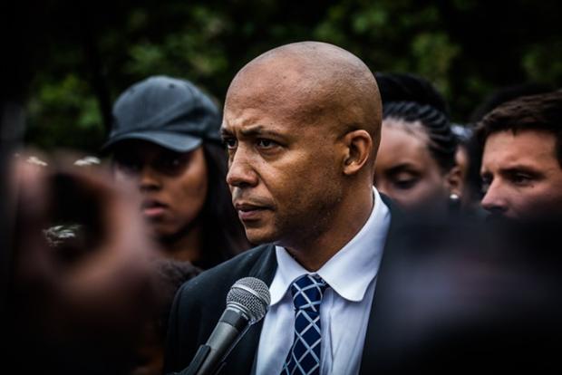 James Bible at 2017 rally after Seattle Police fatally shot Charleena Myles. Photo by Nate Gowdy, published by The Stranger.&nbsp;
