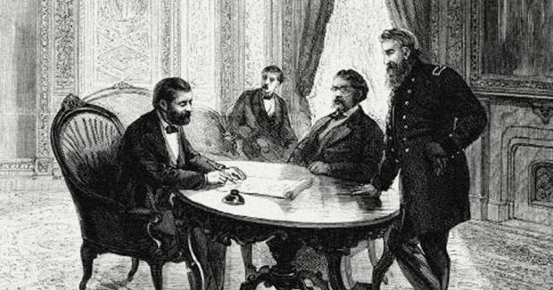 President Ulysses S. Grant signs the Third Ku Klux Klan Act, April 1871.
